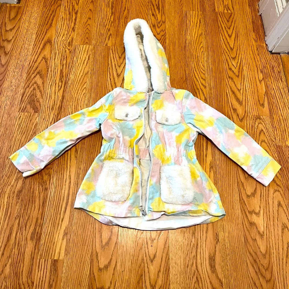Little Lass girls spring jacket with faux fur trim on hood and pockets 4T